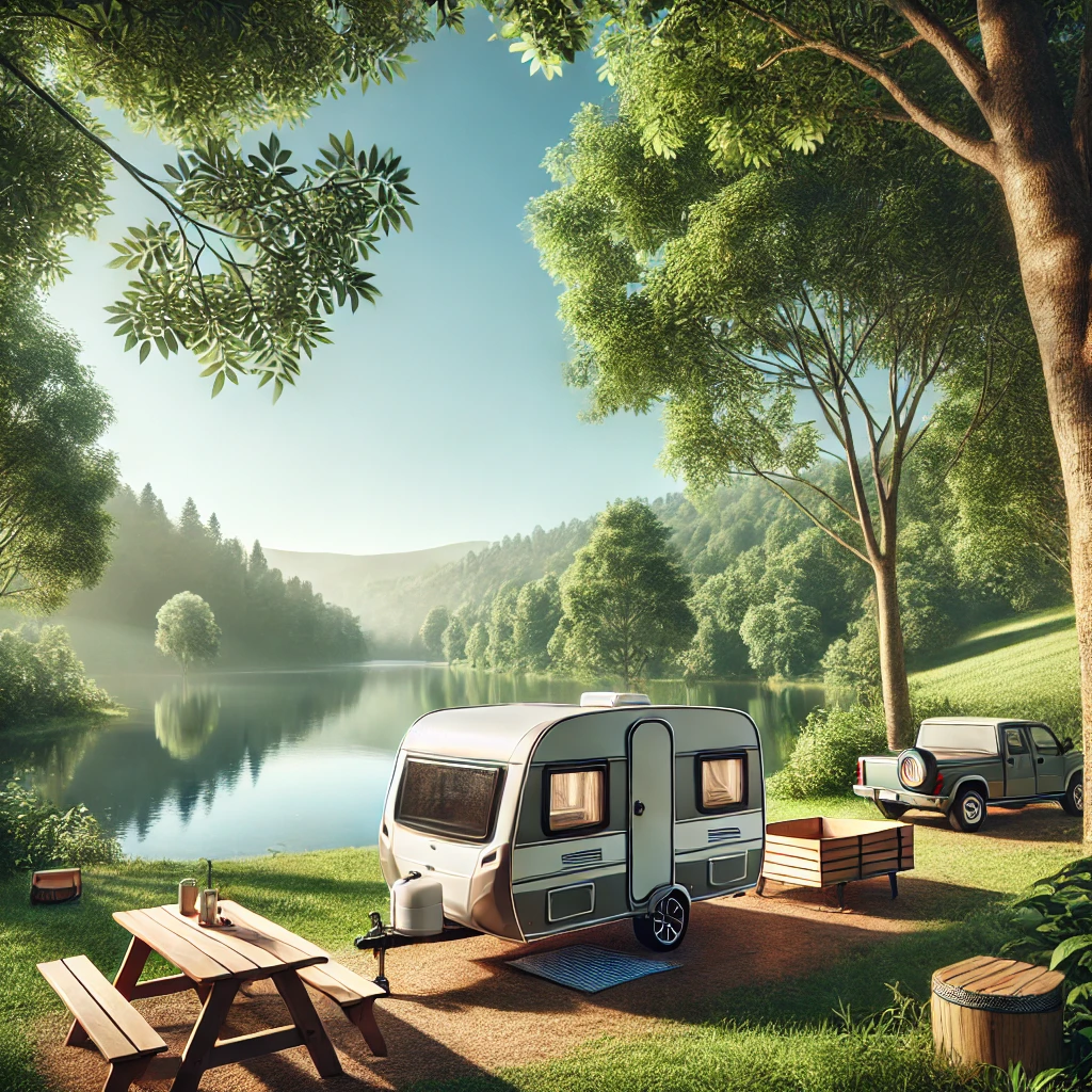 Bir çekme karavan, doğanın ortasında bir göl kenarında park etmiş, huzurlu bir kamp ortamı. Gökyüzü mavi ve yeşilliklerle çevrili, karavanın yanında bir masa ve sandalye var.